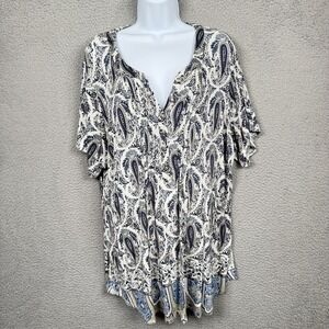 Rose + Olive Top Womens 2X White Paisley Popover Blouse Office Mature Preppy